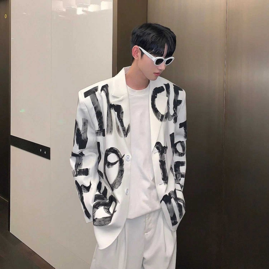 Clothing The Korean Fashion | Hand-Painted Graffiti Blazer With Shoulder Pads White