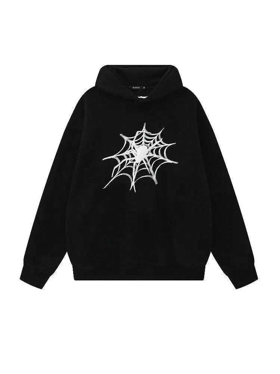 Clothing The Korean Fashion | Spider Print Velvet Hooded Sweatshirt