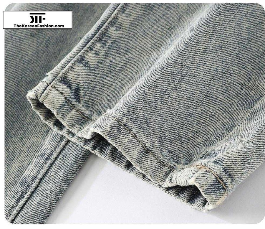 Clothing The Korean Fashion Jeans | Retro Ripped Jeans With Belt Blue