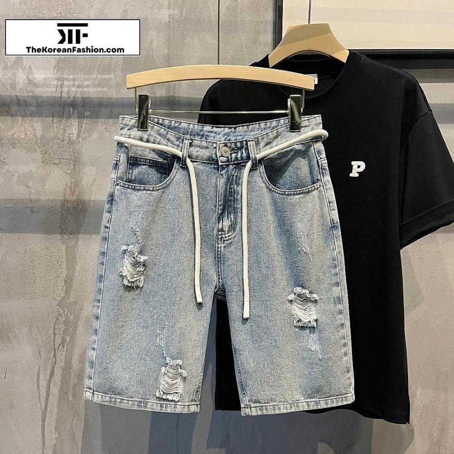 Clothing The Korean Fashion Shorts | Ripped Rope Denim Shorts Blue