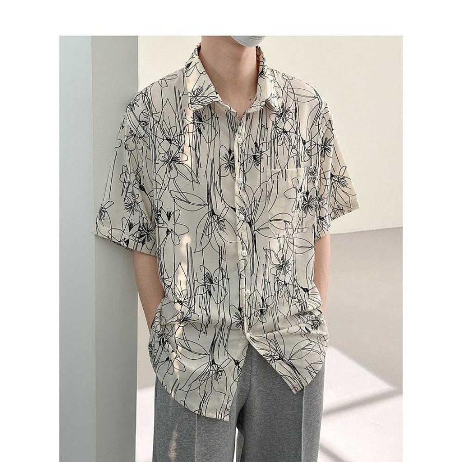 Clothing The Korean Fashion | Cuban Collar Floral Breathable T-Shirt