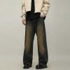 Clothing The Korean Fashion Jeans | Yellow Mud-Dyed Washed Straight-Leg Jeans Vintage Blue