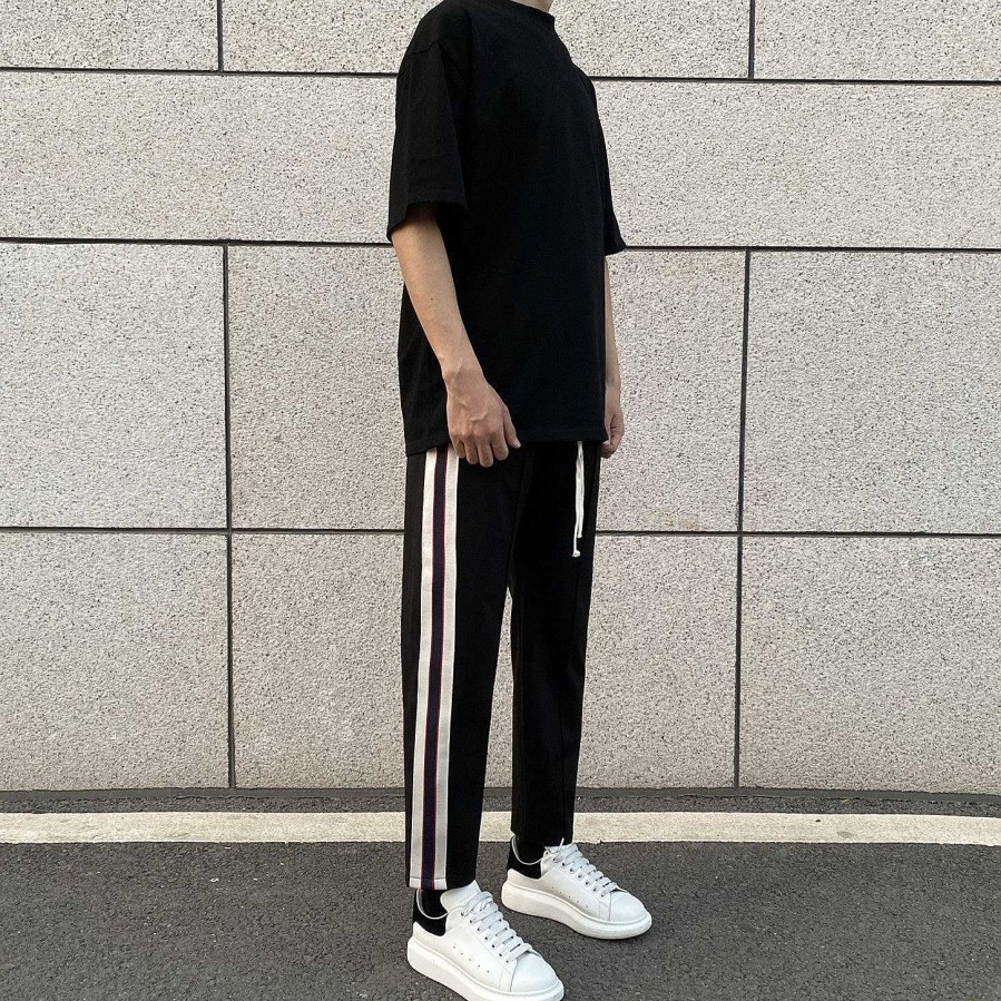 Clothing The Korean Fashion Slim Fit | Side Ribbon Stripe Sport Pants Black