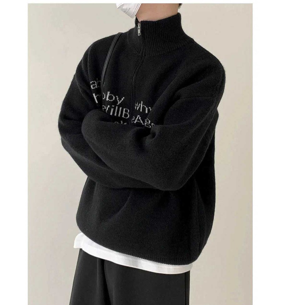 Clothing The Korean Fashion | Text Print Stand Collar Sweater