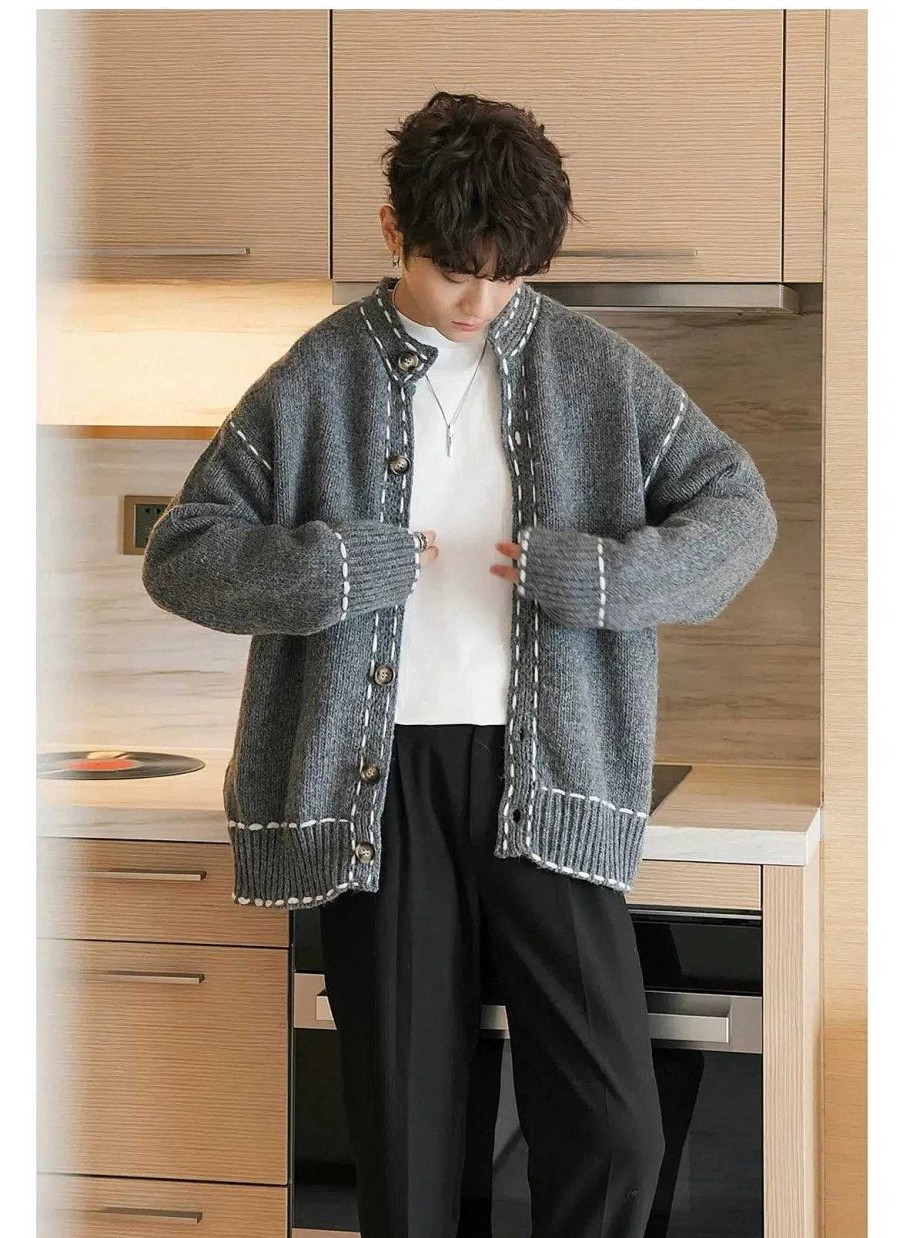 Clothing The Korean Fashion | Topstitched Trim Knitted Cardigan