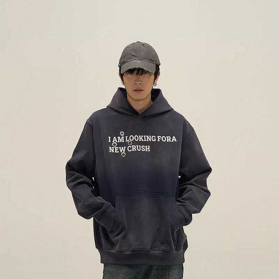 Clothing The Korean Fashion | Washed Letter Printed Hooded Sweatshirt Blue