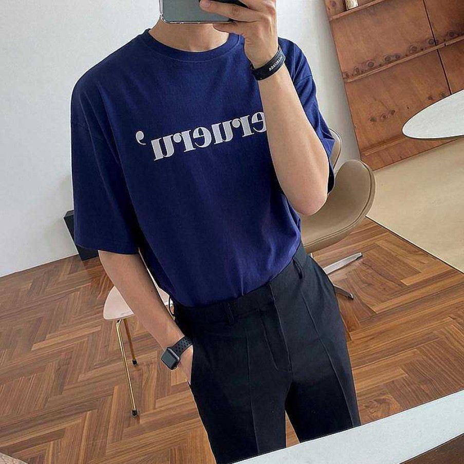 Clothing The Korean Fashion | Letter T-Shirt Blue