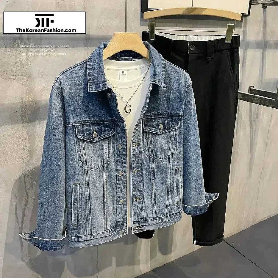 Casual Style Clothes The Korean Fashion | Washed Slim Lapel Denim Jacket Blue