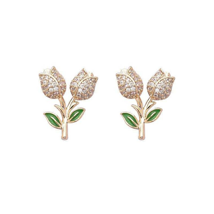 Women The Korean Fashion Earrings | Zircon Tulip Stud Earrings Green